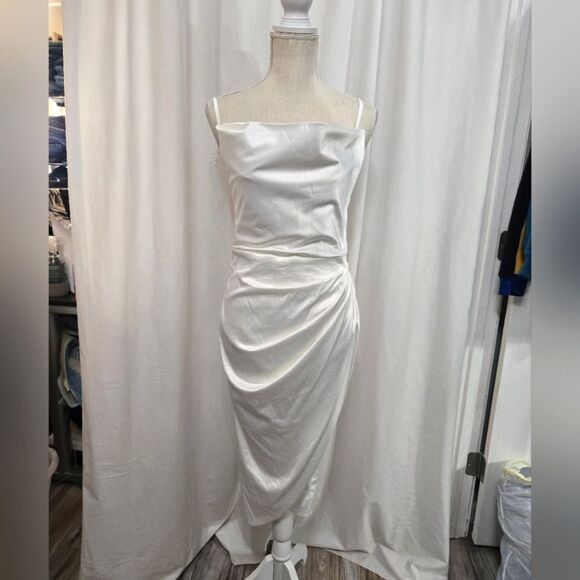 Women's Satin Slip Dress Cowl Neck Backless Ruched Bodycon Sexy Club Midi sz M - Picture 5 of 14